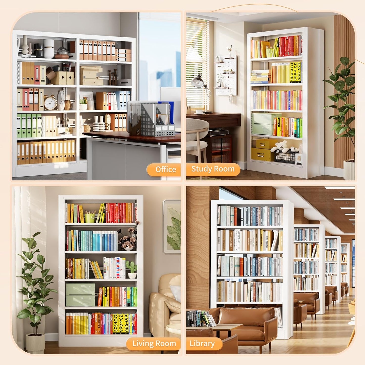 Floor Standing White Five Tier Adjustable Bookcase