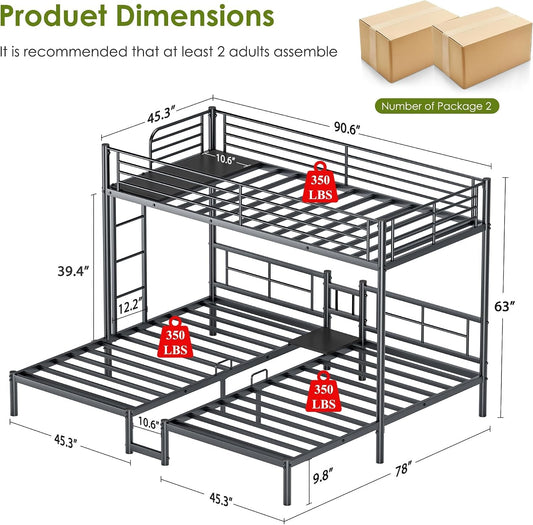 All Steel Frame Triple Bunk Bed Twin XL Guardrails Durable