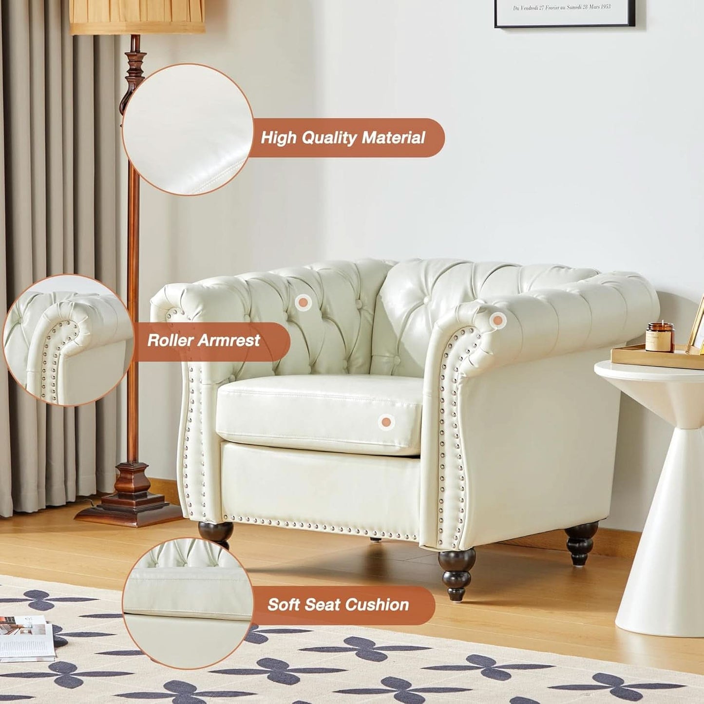 3 Piece Living Room Set Chesterfield Faux Leather Sofa Loveseat Chair White With Scroll Arms And Nailhead-4