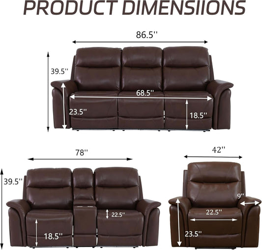 Power Recliner Sofa Set With LED Leather 3 Piece Brown Living Room