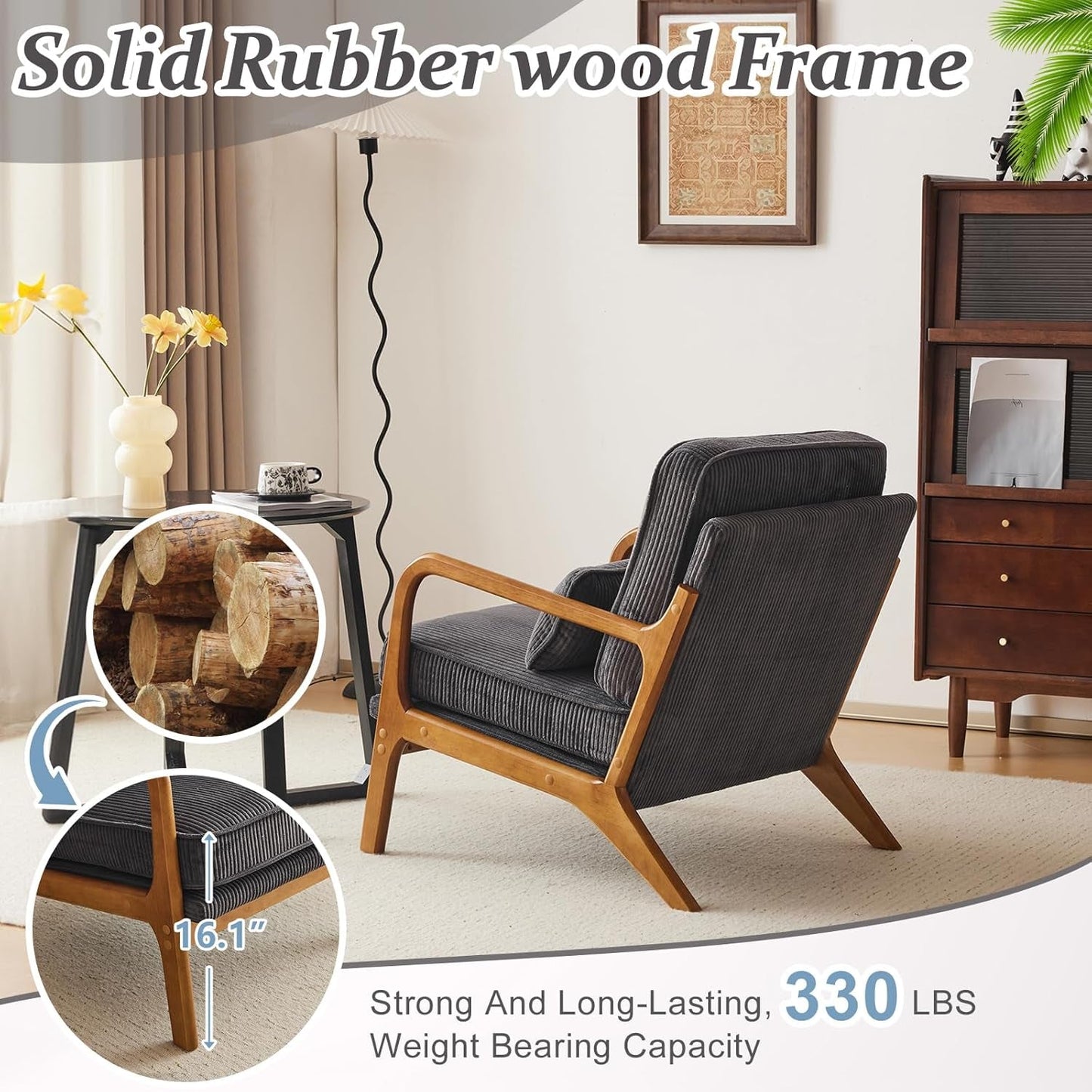 Corduroy Upholstered Accent Chair Dark Grey Lumbar