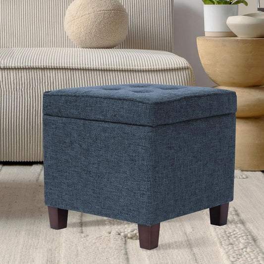 Navy Textured Square Tufted Storage Ottoman Compact