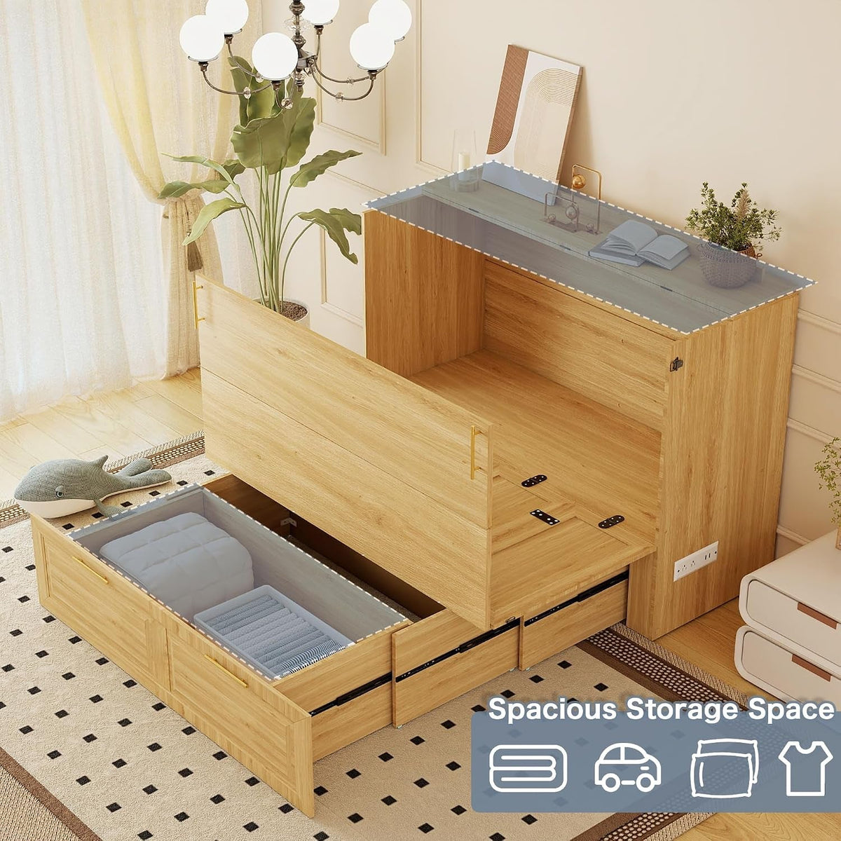 Oakwood Industrial Murphy Cabinet Bed With Charging
