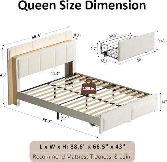 White Velvet Upholstered Platform Bed With Drawers