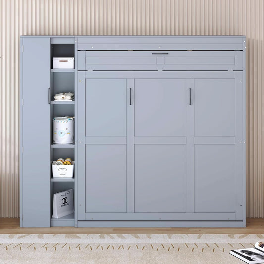 Gray Queen Murphy Bed Featuring Integrated Shelving-1