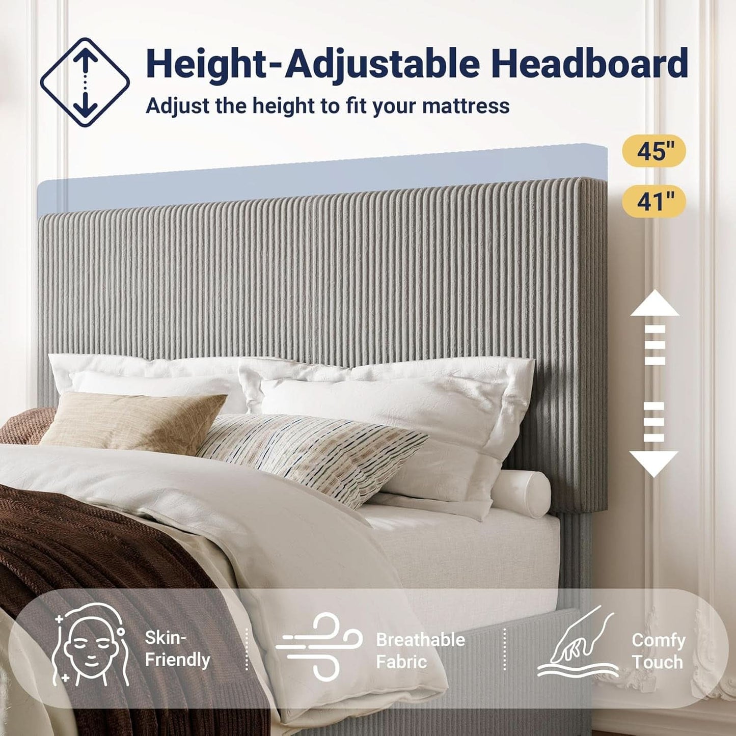 Full Size Corduroy Upholstered Bed Frame Head board