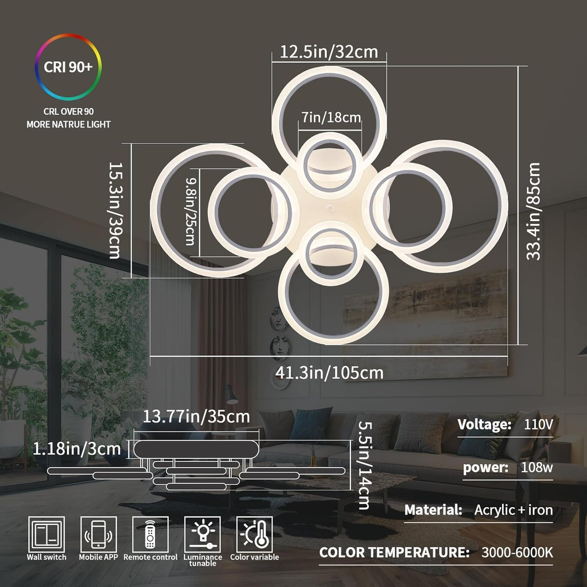 Dimmable LED Ring Ceiling Light Fixture UltraWhite