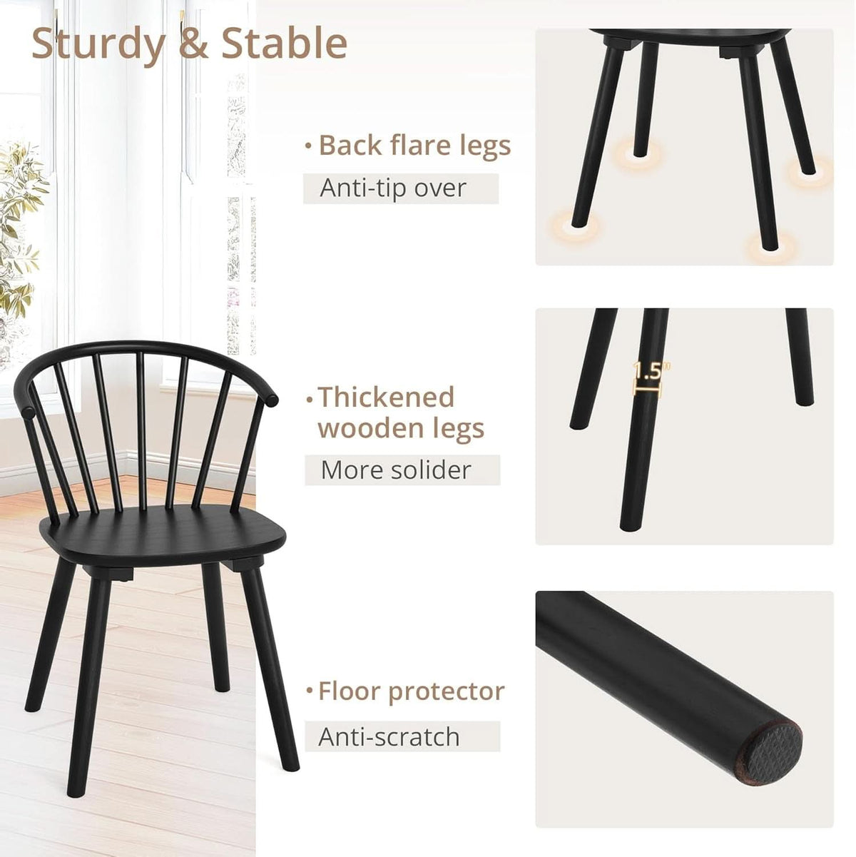 Black Farmhouse Wood Dining Chairs Semicircular Backrest