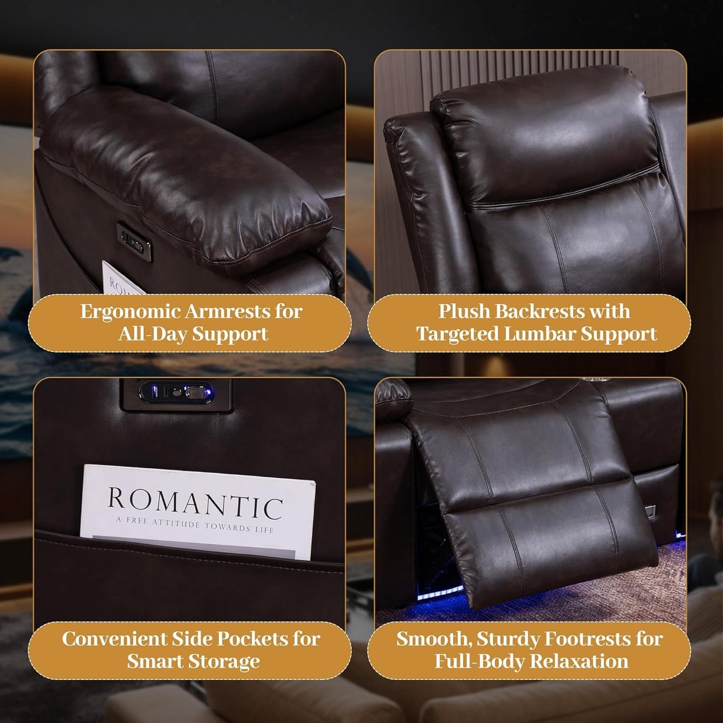 Brown Colorful LED Lighting Premium Reclining Sofa