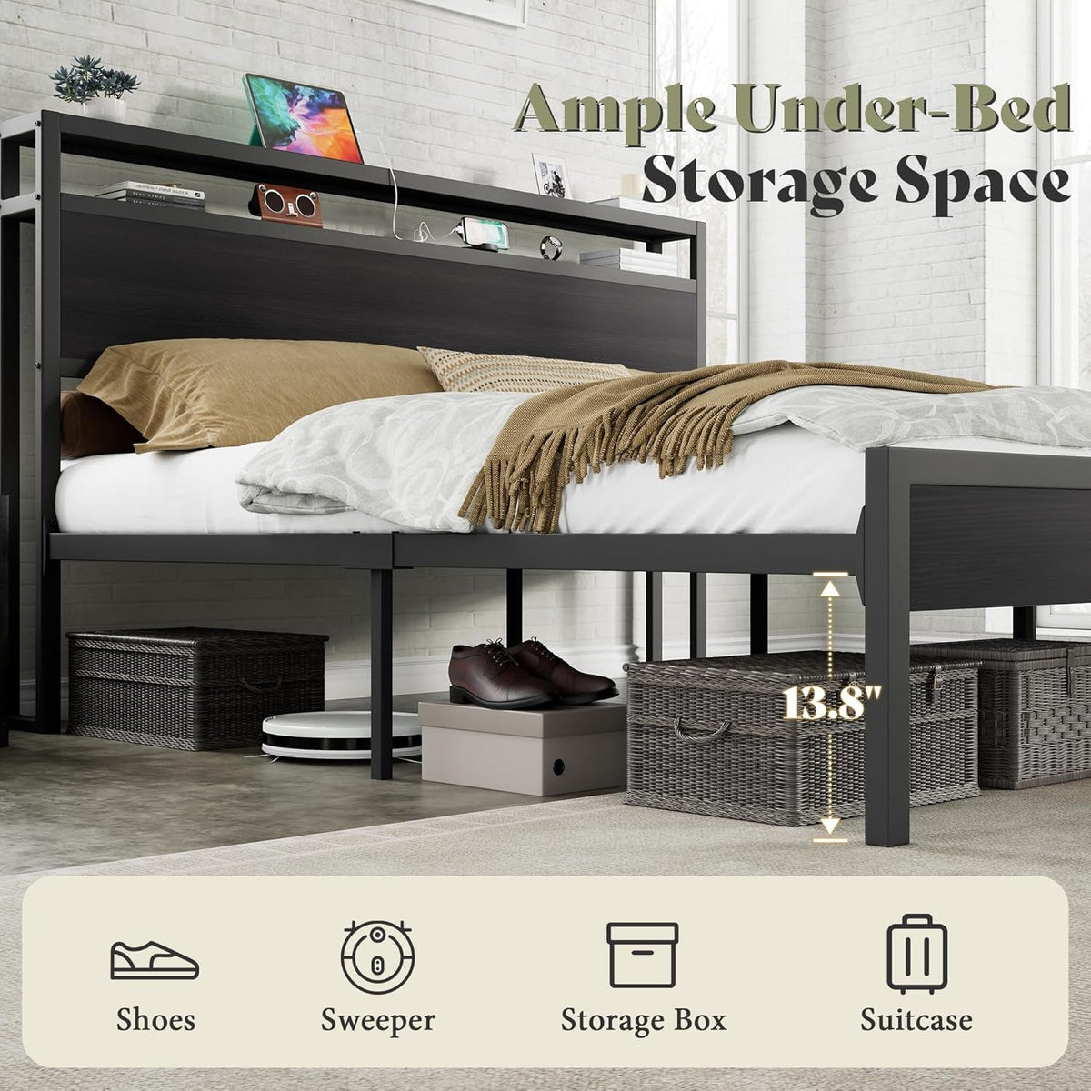 Full Standard Size Bed Frame With Storage Headboard