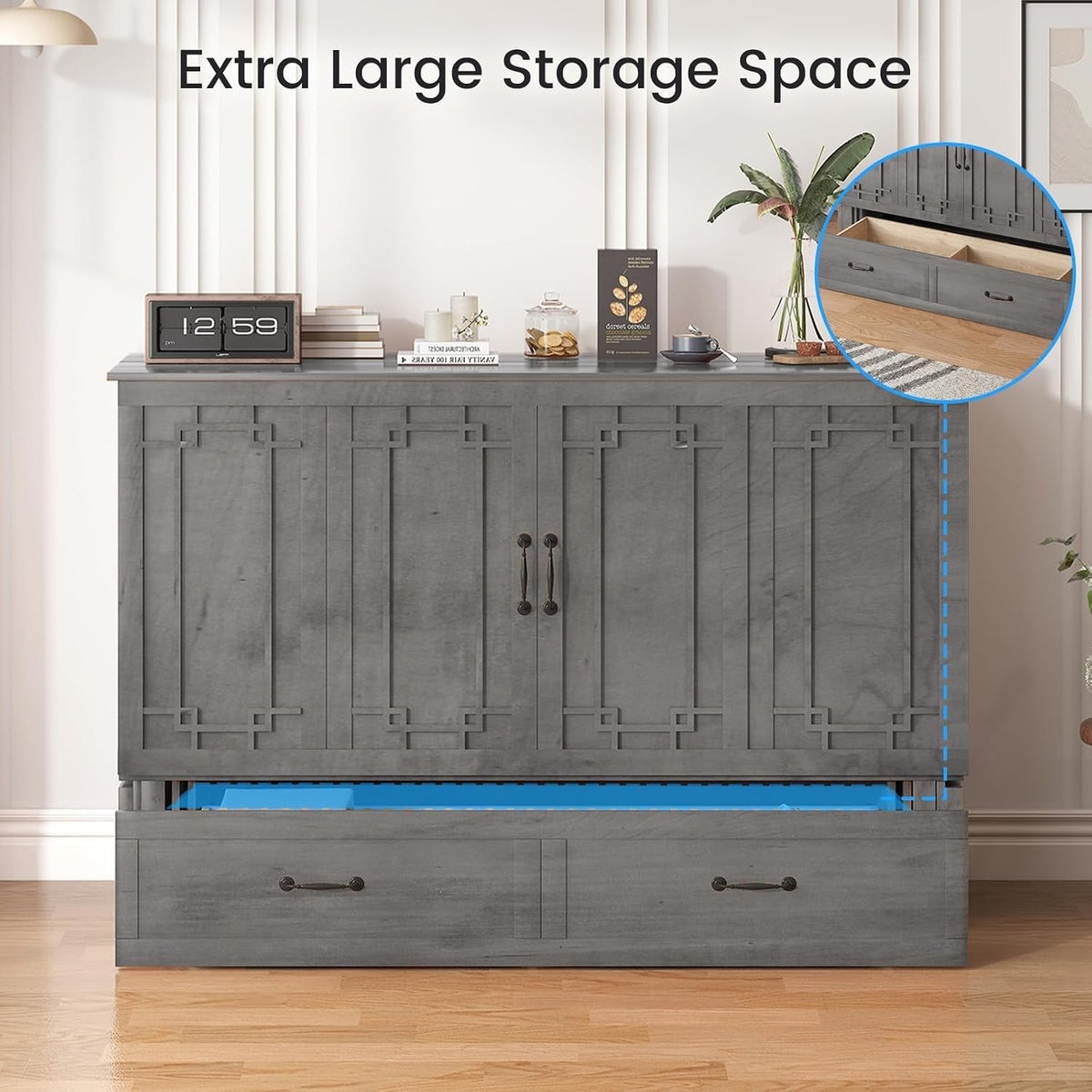 Queen Murphy Cabinet Bed With Hidden Storage Drawer-4