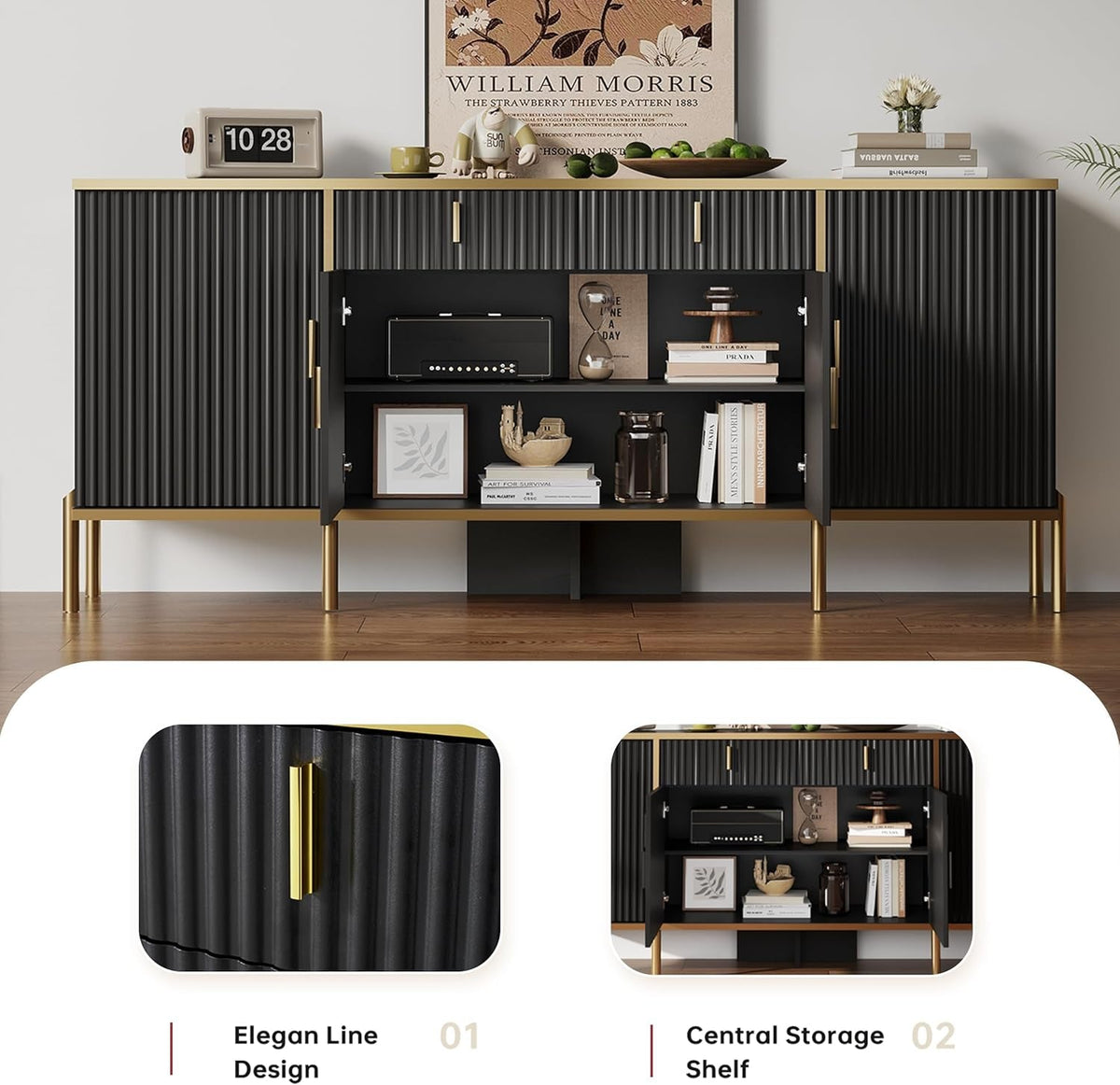60Inch Black Fluted Buffet Cabinet Featuring Storage
