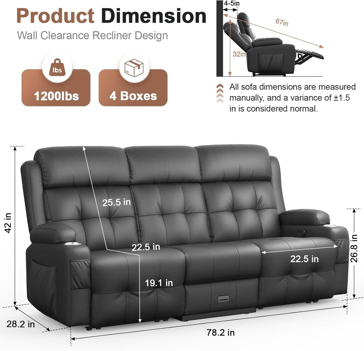 Recliner Sofa With Extra Oversized Storage Cupholders