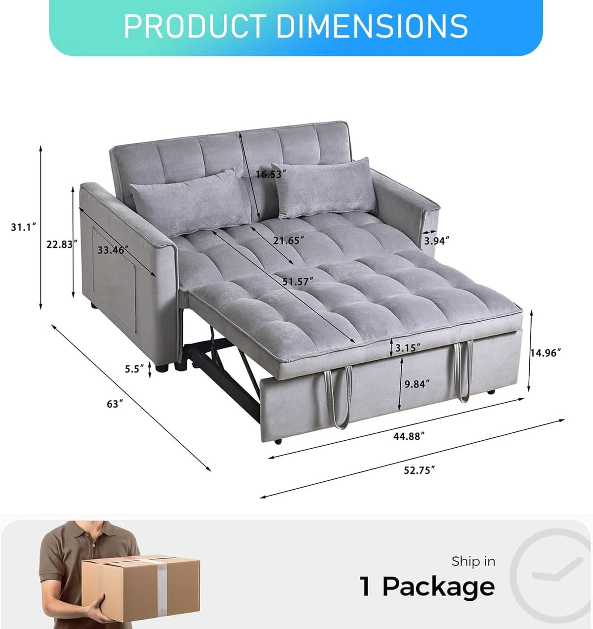 Black Velvet Convertible Sleeper Sofa Bed Luxurious