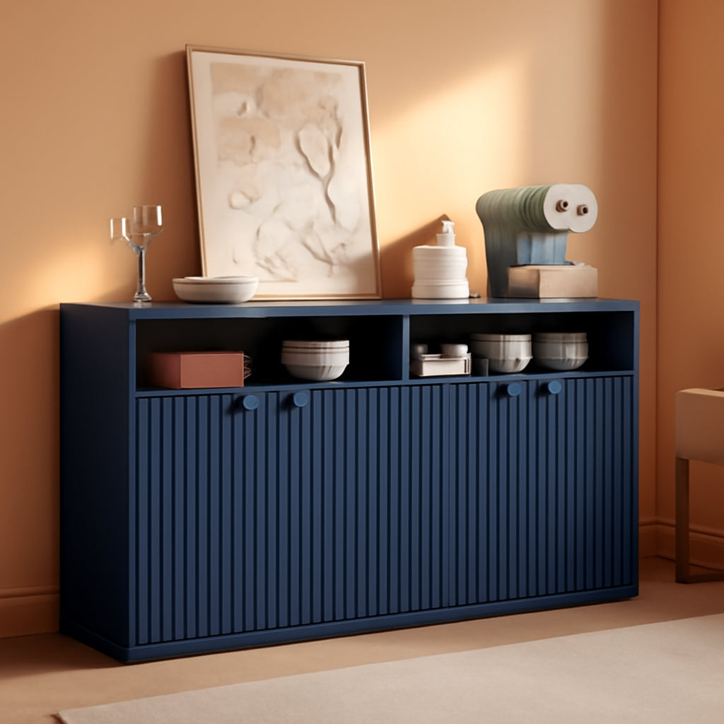 Fifty Five Inch Fluted Buffet Cabinet Dark Blue Shelving