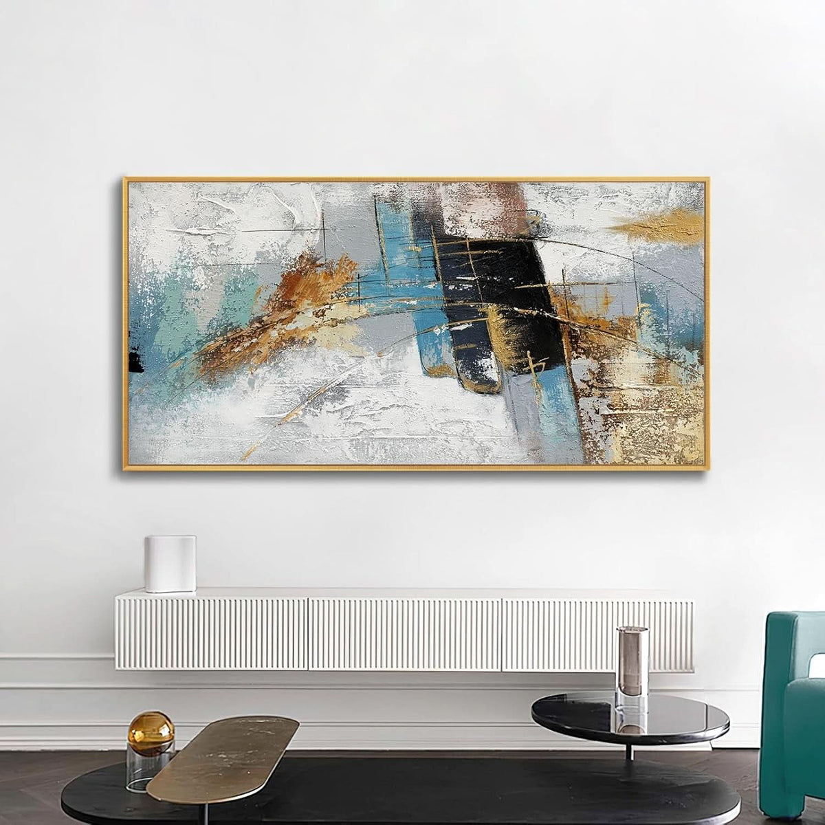 Framed Abstract Oil Painting 60x30 Inch Textured Blue