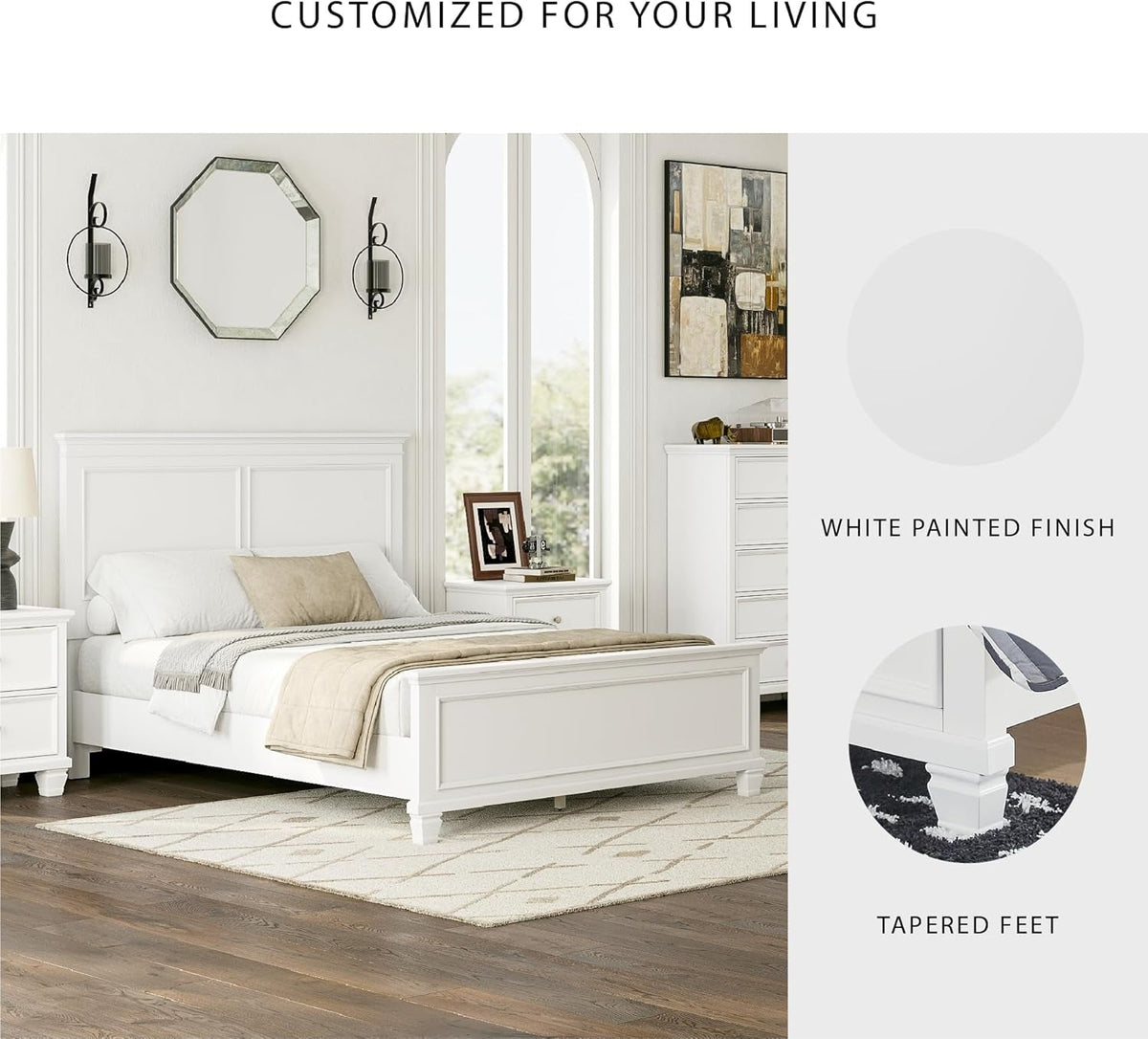 Queen Panel Bed White With Sculpted Ornate Tapered Feet-4