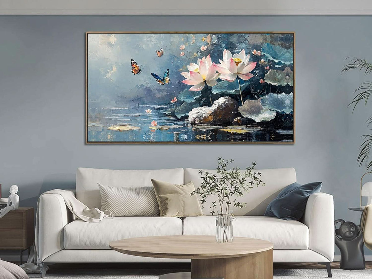 Elegant Floral Lotus Canvas Wall Art 40x20 Framed Canvas