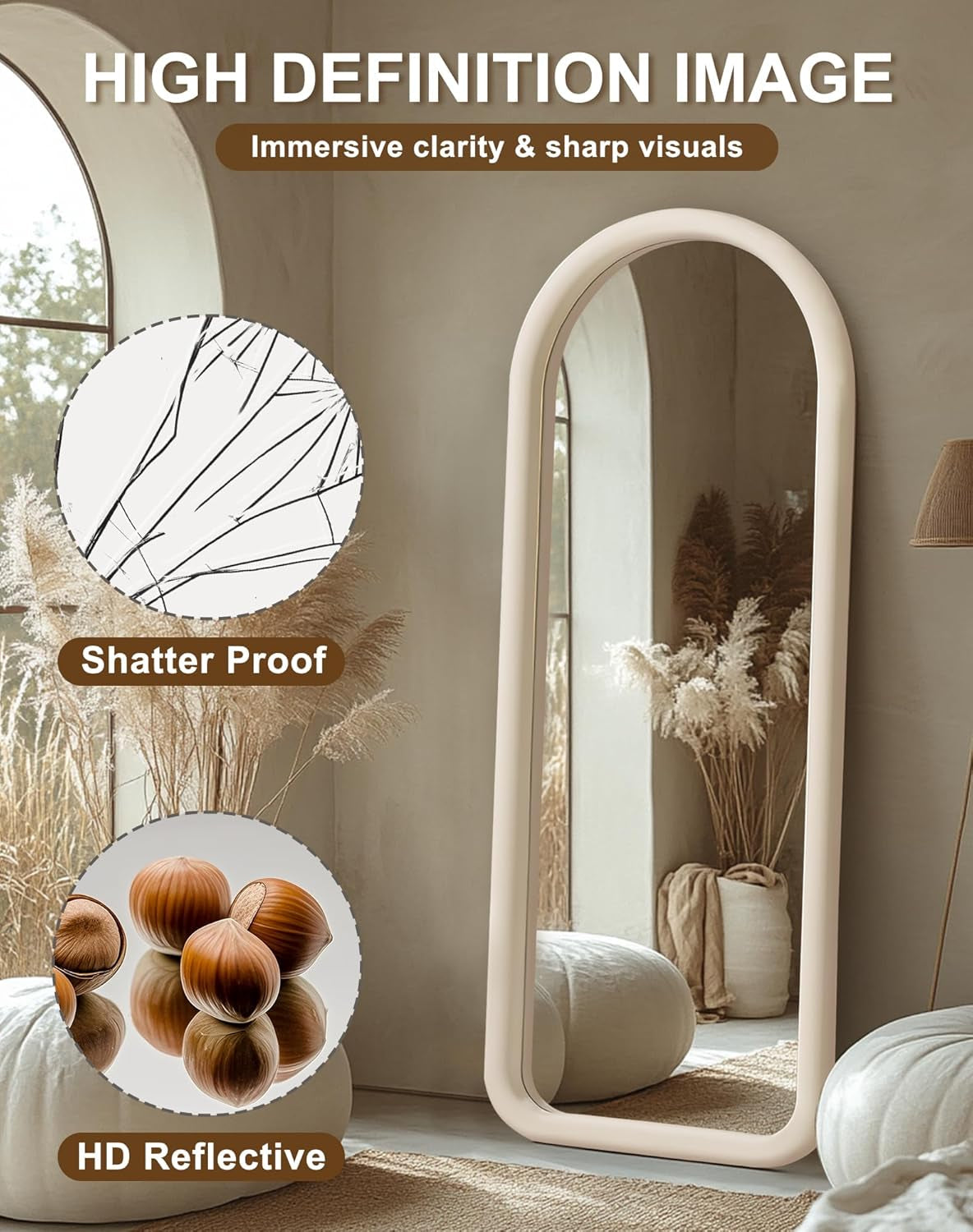 Cream White Velvet Arched Floorstanding 55Inch Mirror