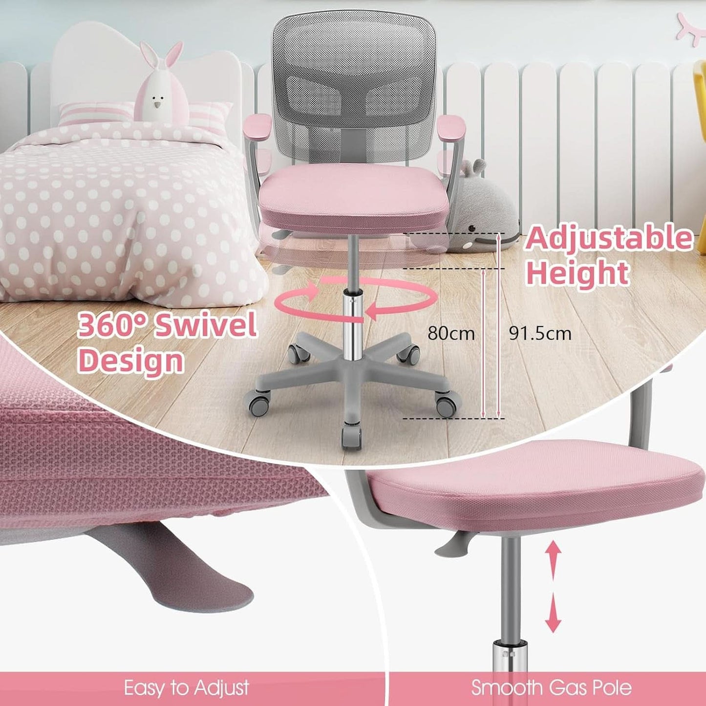 Kids Desk Chair Pink Height Adjustable Lumbar Support