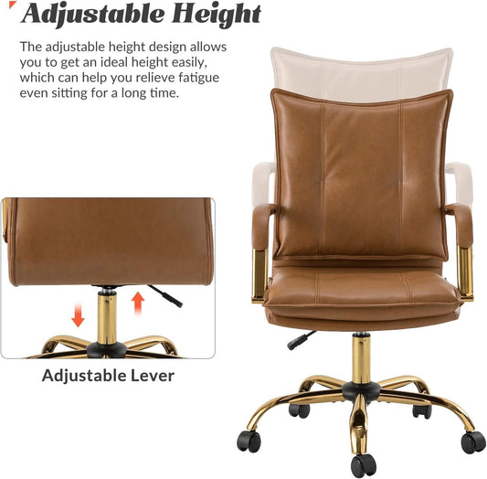 Adjustable Faux Leather Desk Chair With Golden Legs Camel