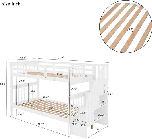 Twin Over Twin Bunk Bed With Stairs Solid Wood White