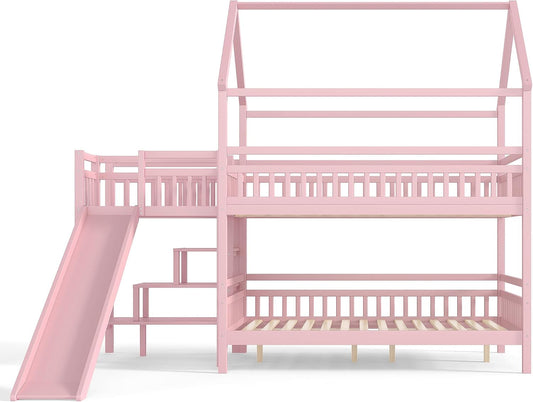 Pink Full Over Full Bunk Bed Playhouse With Stairs Storage