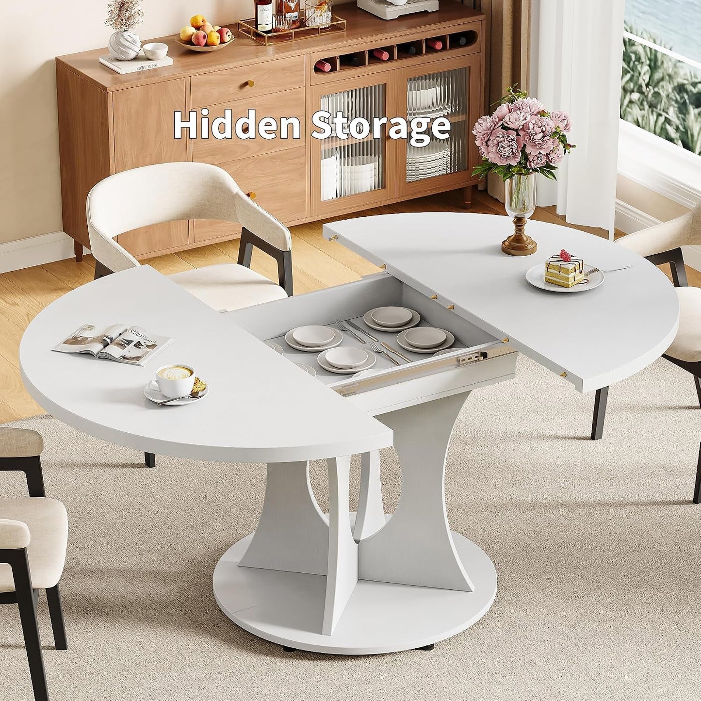 White Round Extendable Dining Table Pedestal Storage