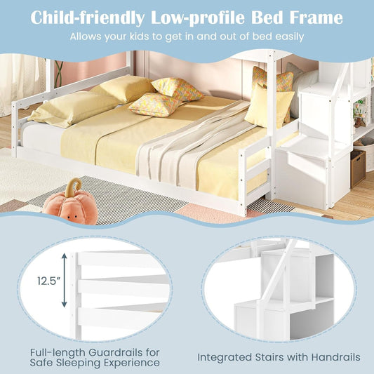 White Solid Wood Twin Over Full Bunk Bed Stairs GuardRails