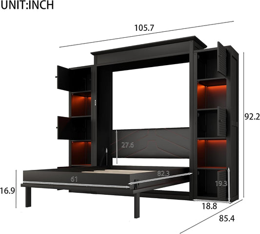 Queen Size Murphy Bed With Storage Cabinets And LED Lighting Black