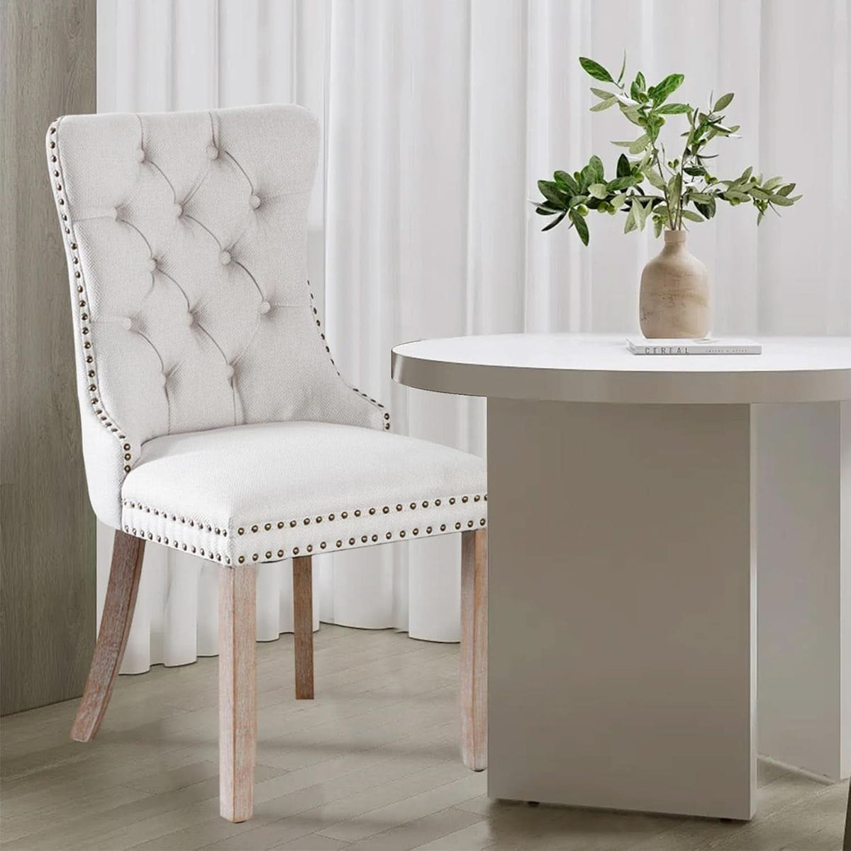 Beige Linen Dining Chairs Set Of 4 With Nailhead Trim