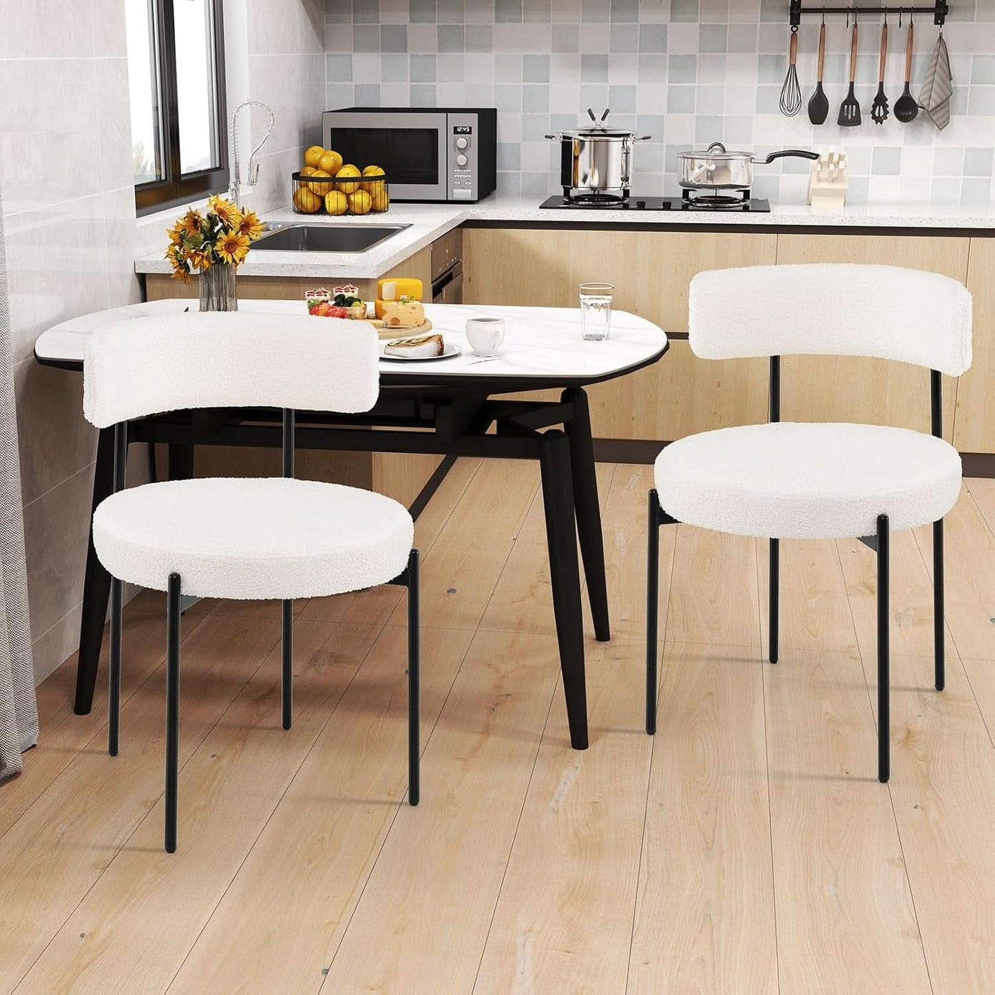 Elegant White Sherpa Upholstered Dining Chairs Set