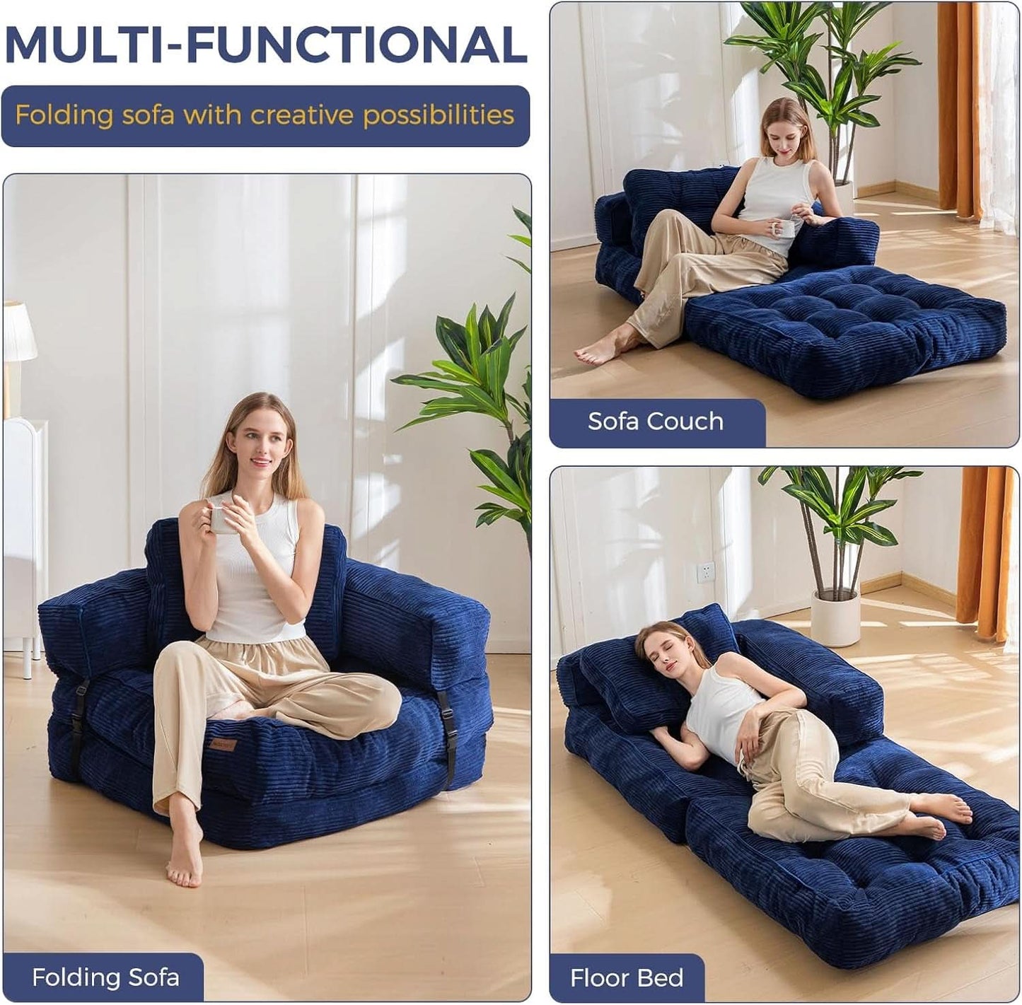 Navy Folding Sofa Bed With Armrests For Living Room