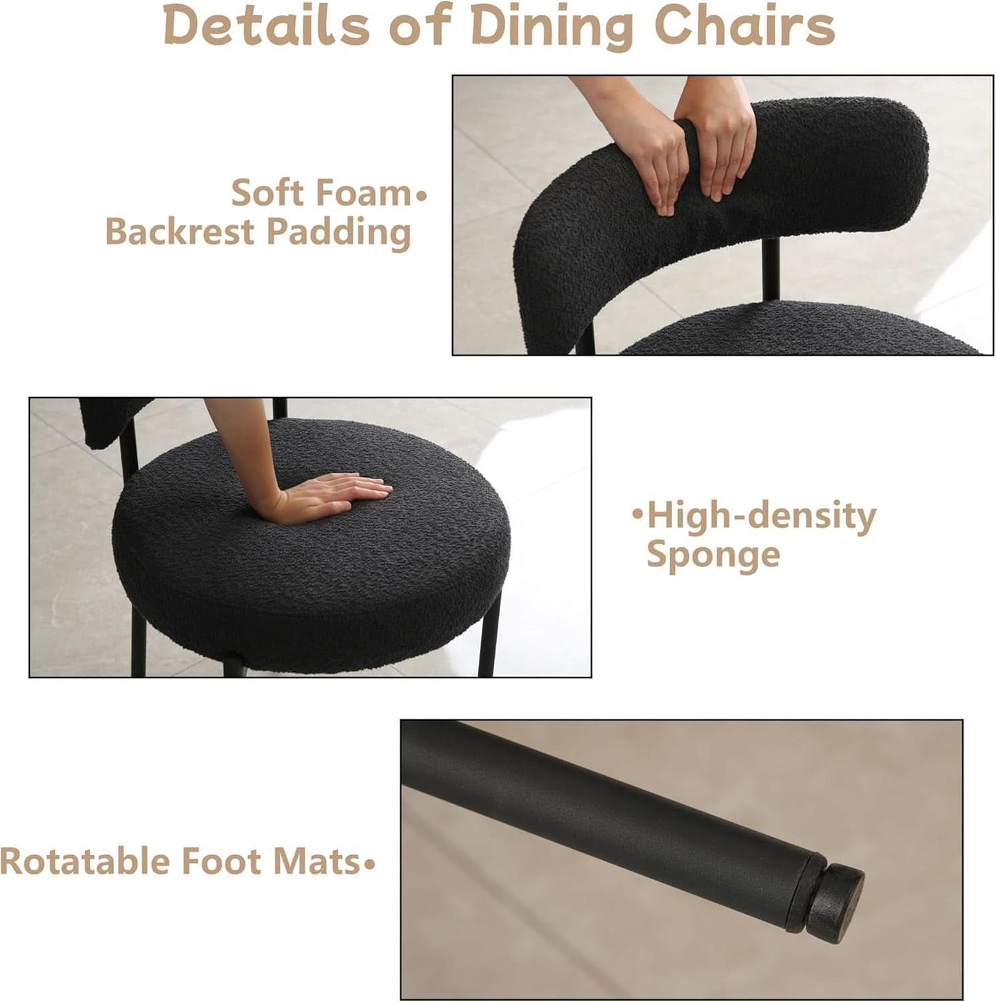 Black Boucle Upholstered Dining Chairs CurvedBack Set