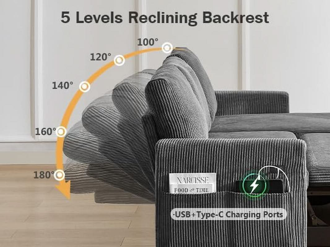 81 Inch Corduroy Velvet GreyTone Sleeper Sofa Pullout