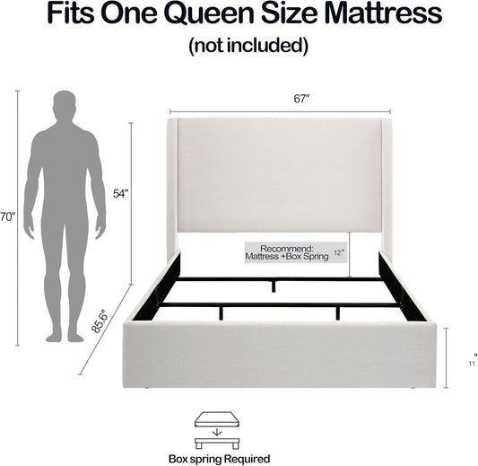 Queen Size Upholstered Wingback Bed Ivory Chenille-1