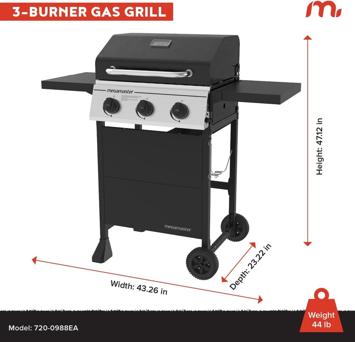 Three-Burner Propane Grill 30000 BTU Folding Tables