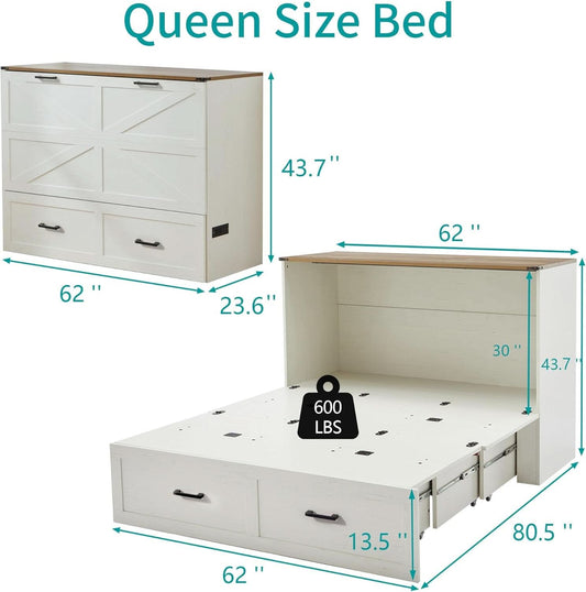 Queen Murphy Bed With Charging Station Rustic White