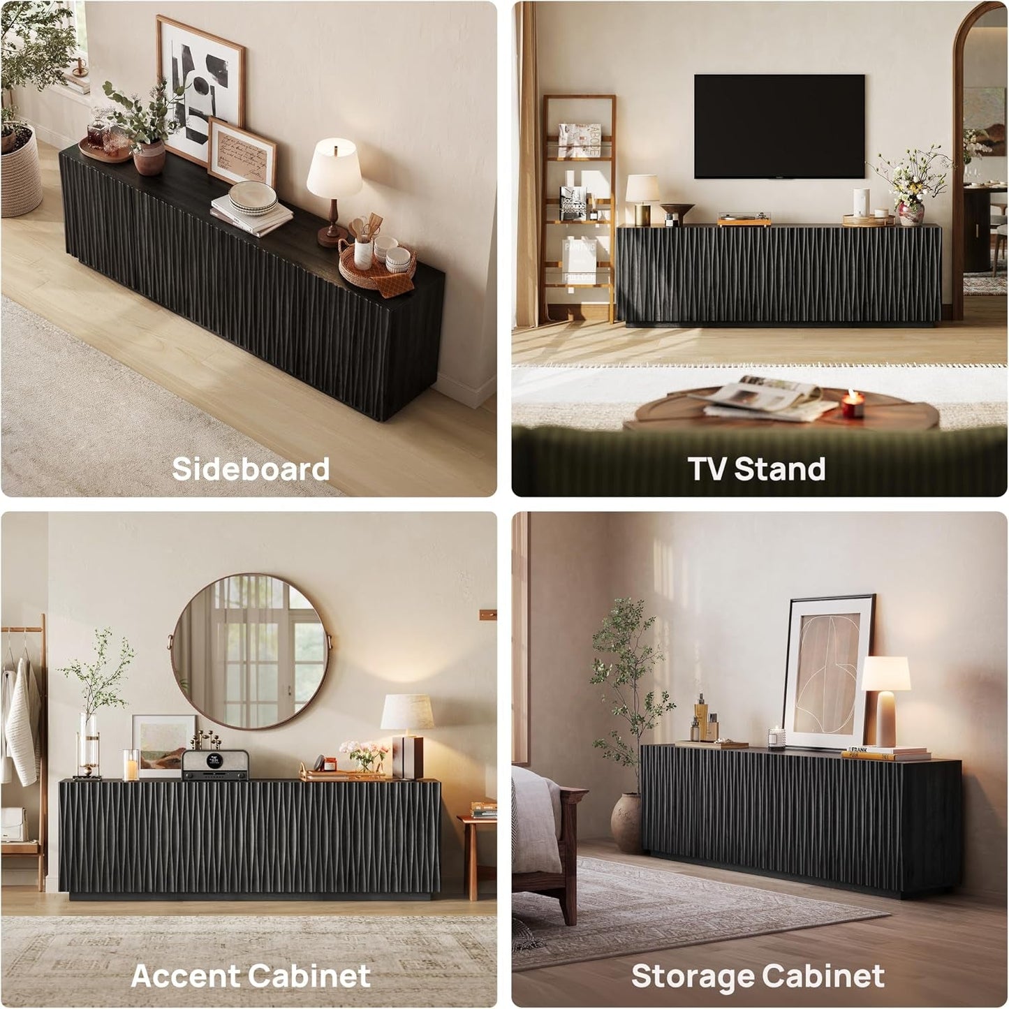 Minimalist Matte Black Fluted Mid Century Sideboard