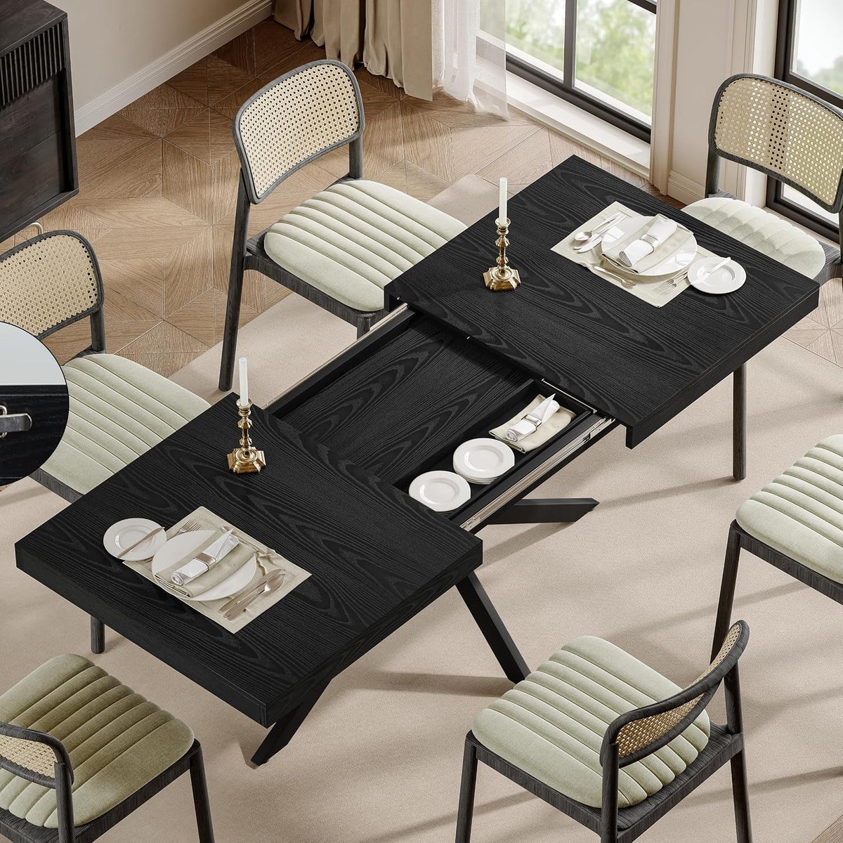 Black Extendable Dining Table Hidden Storage Extension