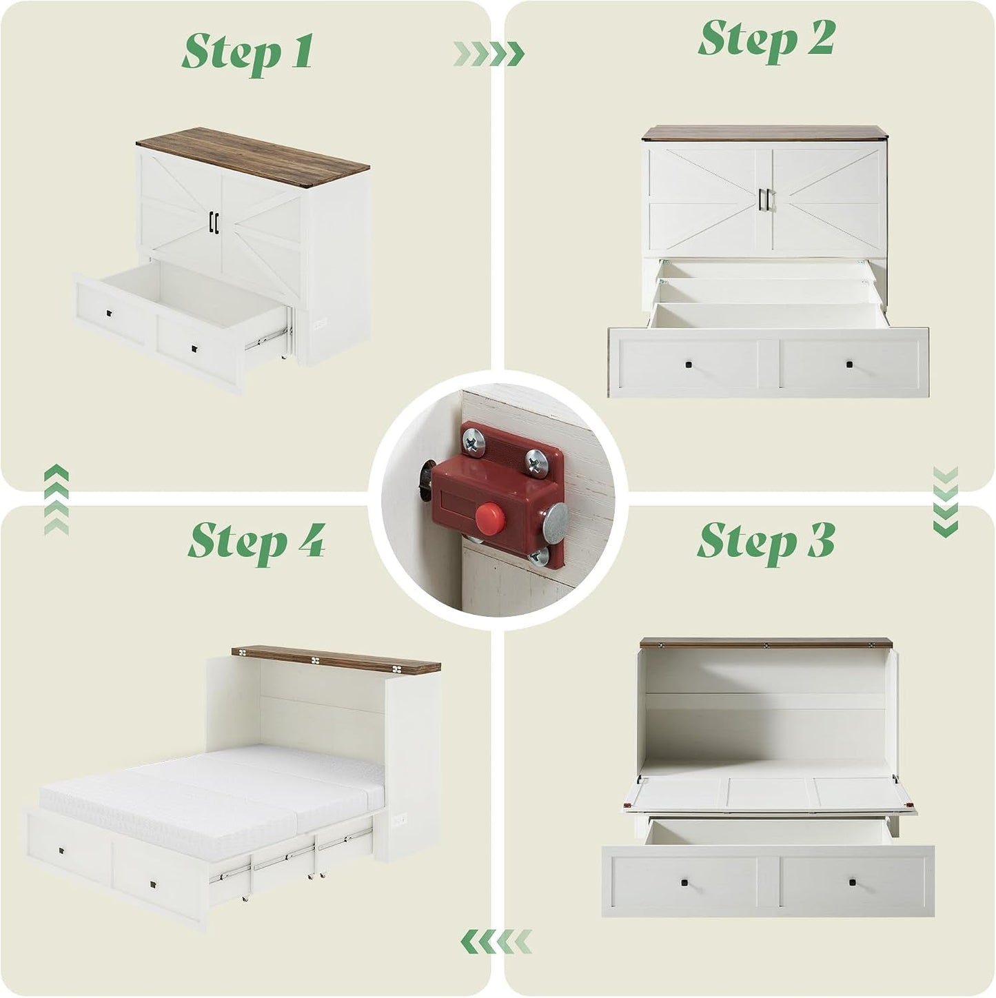 Full Murphy Bed Cabinet Distressed White Storage Solution-4