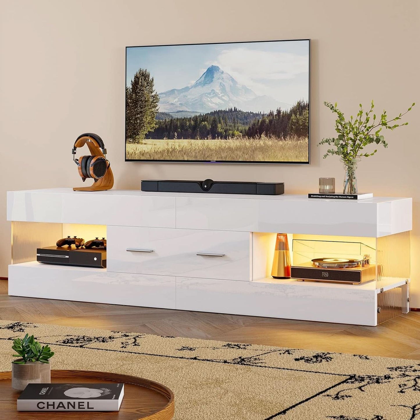 Glossy White TV Stand Entertainment Center Storage