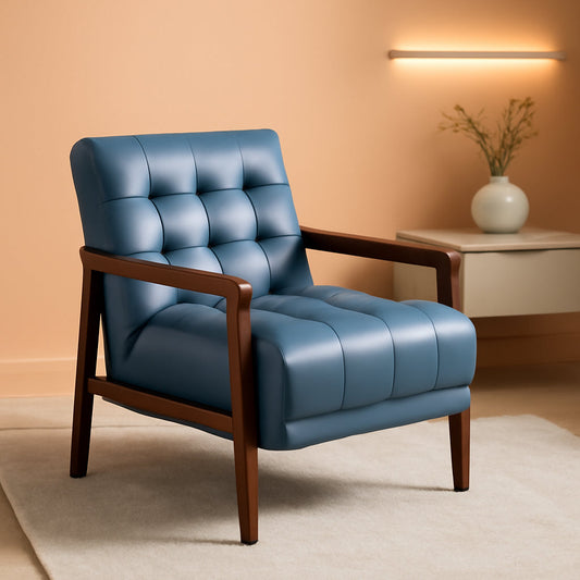 Blue Premium Genuine Leather Tufted Upholstered Chair