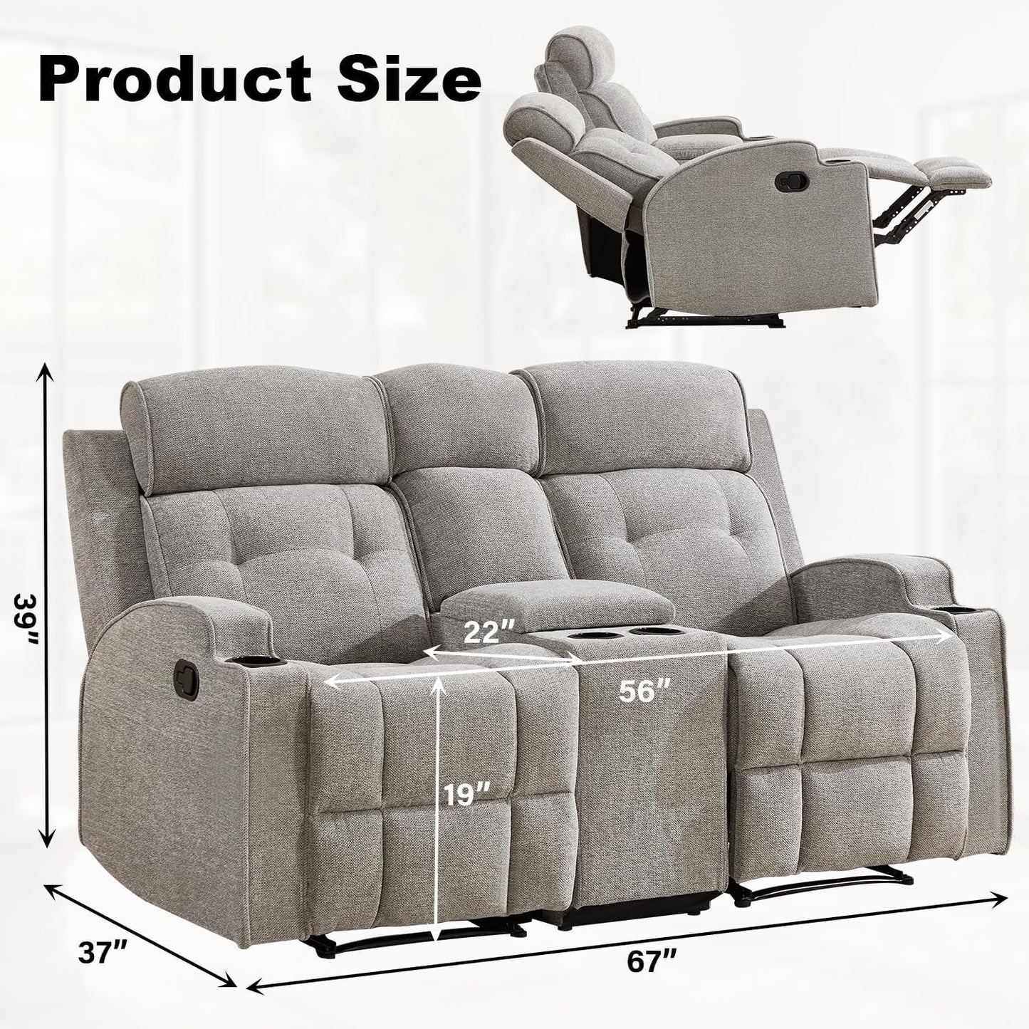 67 Inch Manual Loveseat Recliner Sofa With Cupholders