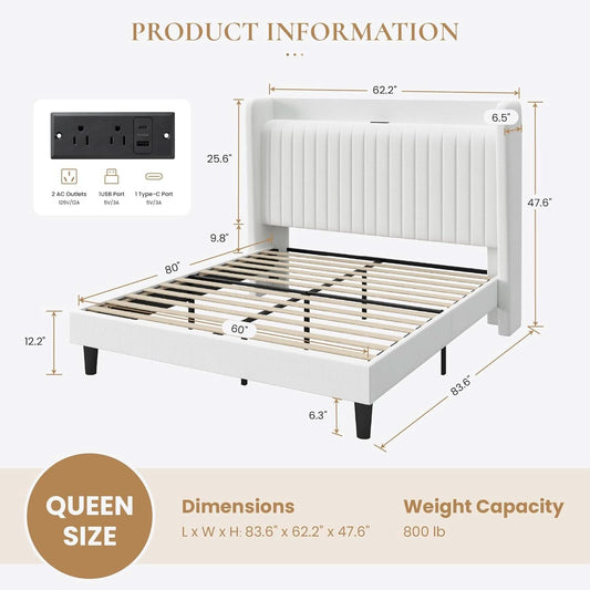Queen Velvet Upholstered Bed Frame With USB Charging