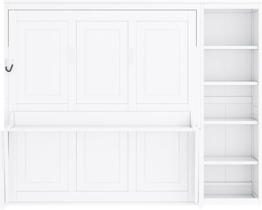 Queen Murphy Bed Desk Workspace Integrated Bookshelf White