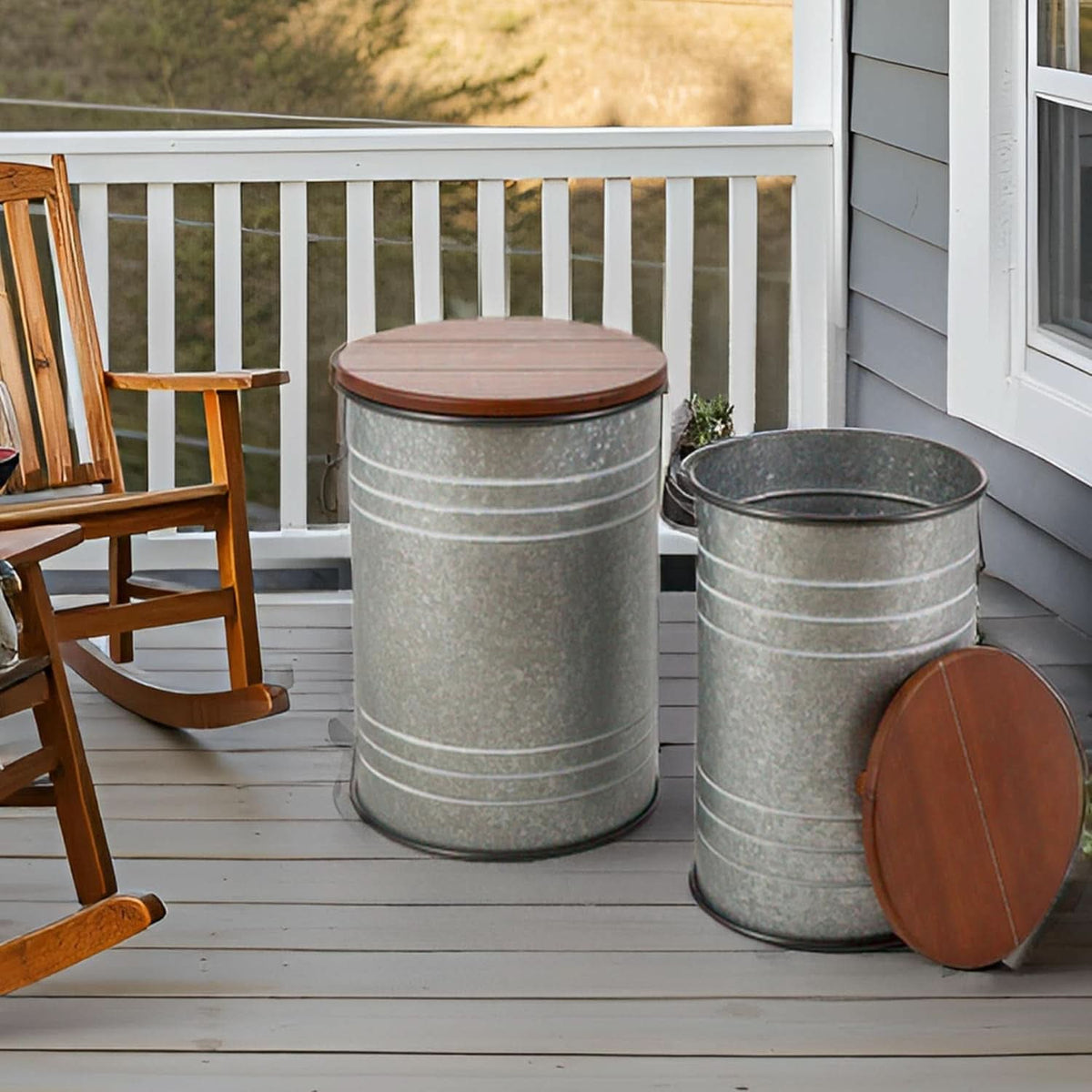 Grey Industrial Galvanized End Tables Set With Lids