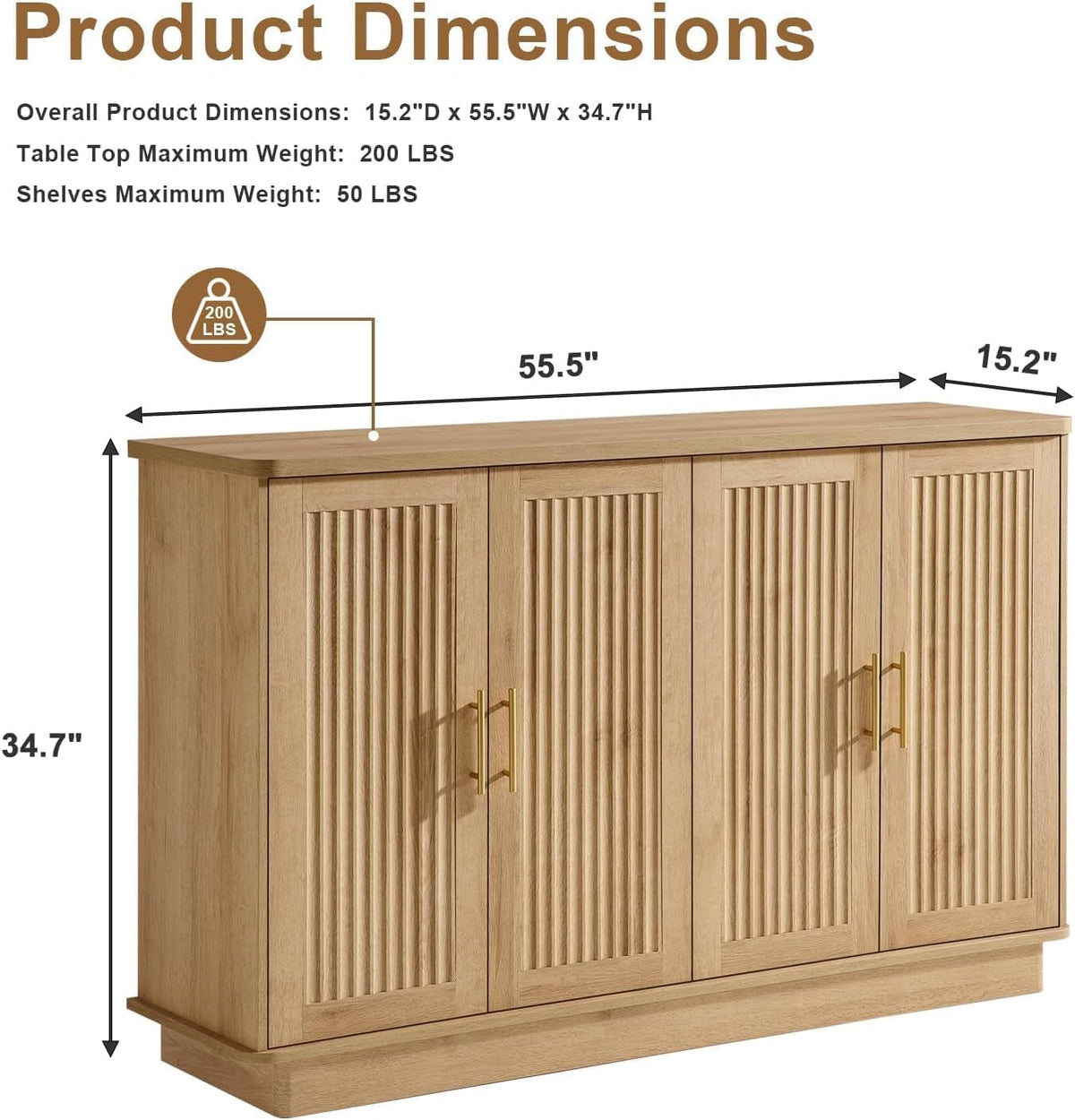 Oak Fluted Sideboard Buffet With Adjustable Shelves