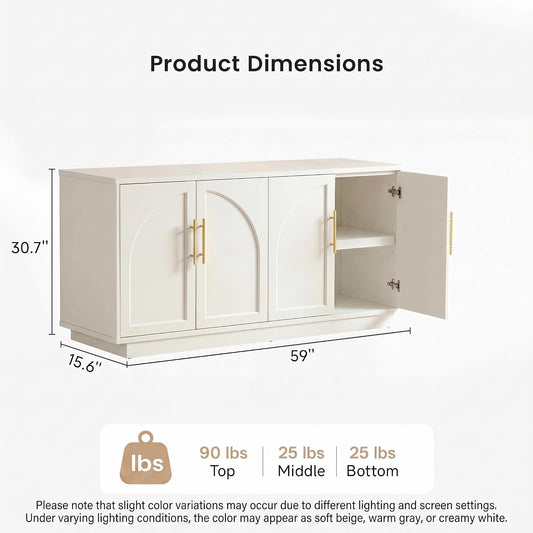 59-Inch Arched Buffet Cabinet Beige Finish With Adjustable Shelves
