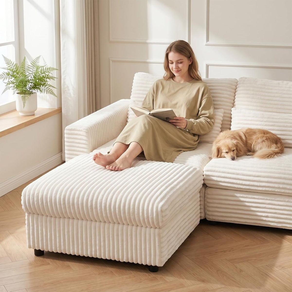 Beige Corduroy Storage Ottoman Featuring Hidden Chest